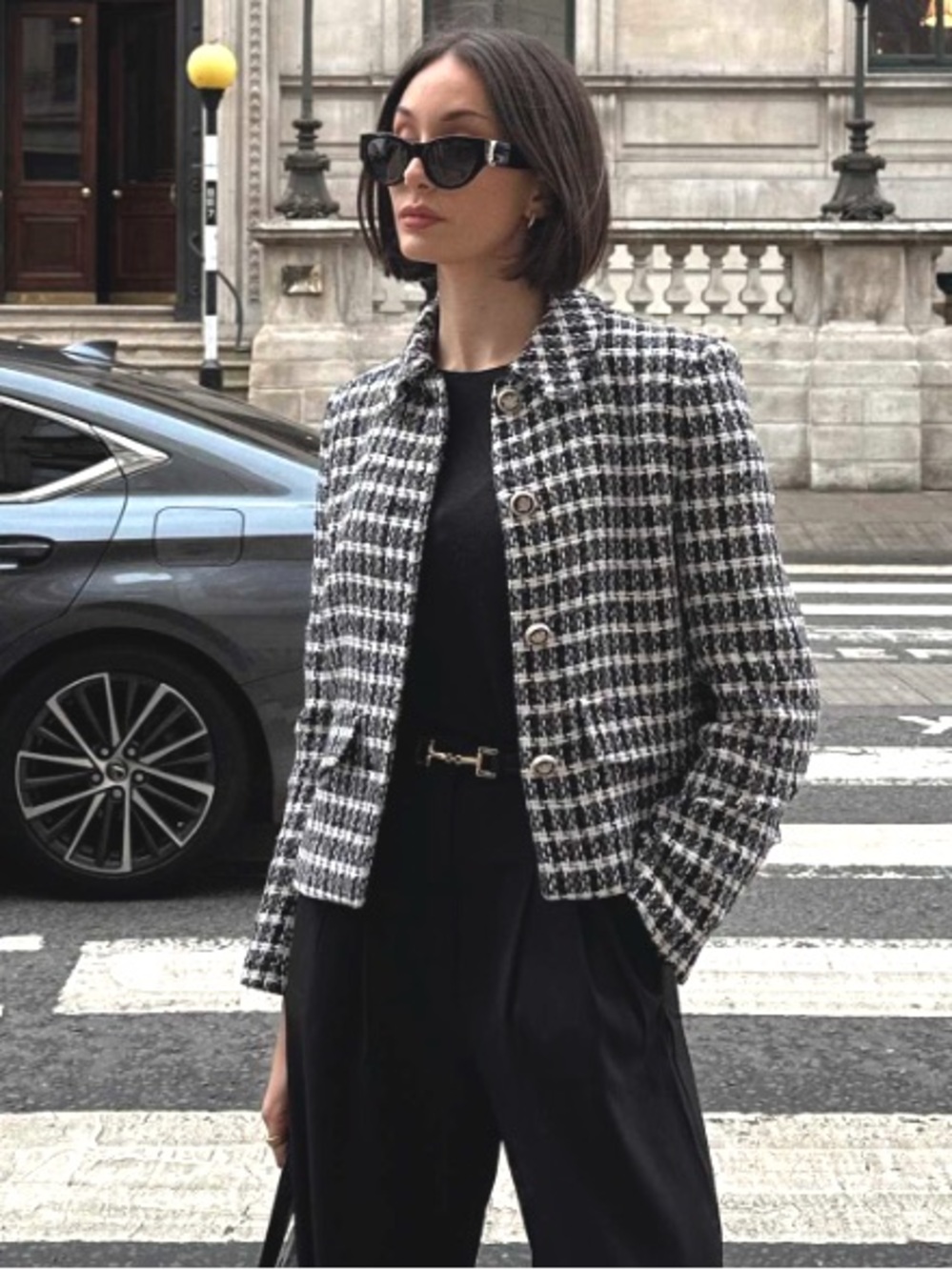 Zara Black & White Houndstooth Cropped Blazer